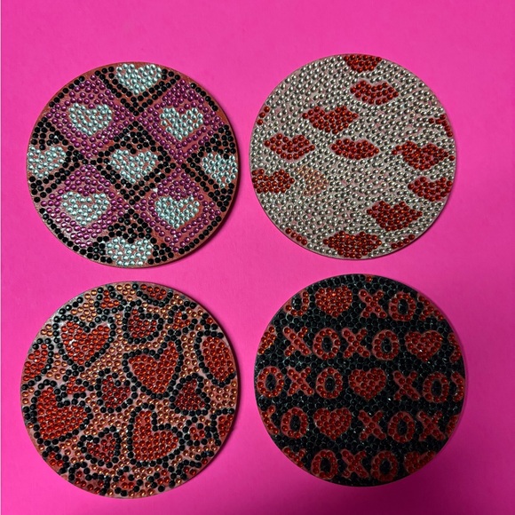 Crystal Rhinestone Heart Set - Red Pink Black Handmade Beaded Coasters Four New - Picture 9 of 10